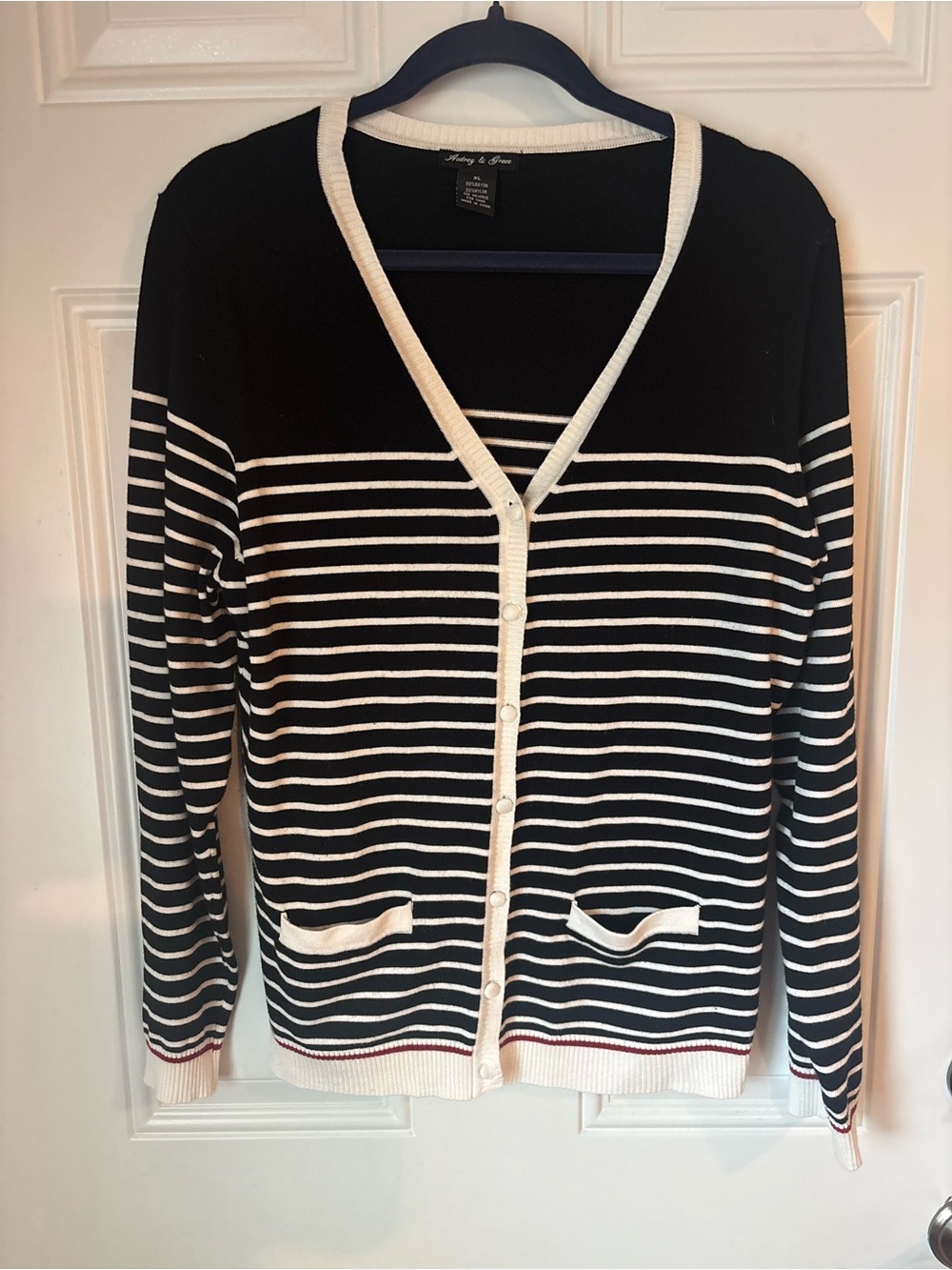 Audrey & Grace Black and White Striped V-Neck Button Cardigan